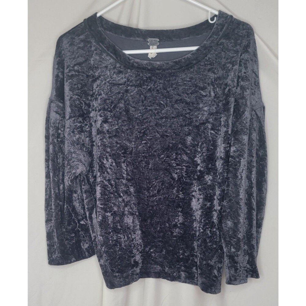 We The Free Womens Large Dark Gray Velour Crew Neck Slouchy Top Boho Free People
